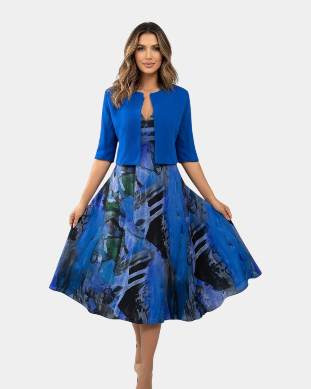 Stacy | Robe midi fluide imprimée avec veste assortie