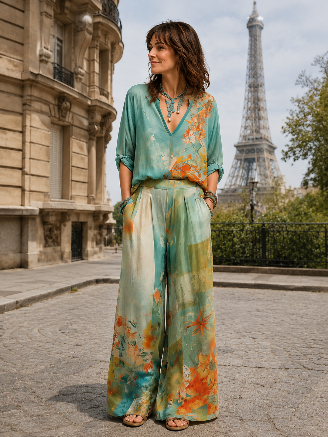 Célidora | Ensemble élégant à imprimé floral et pantalon large